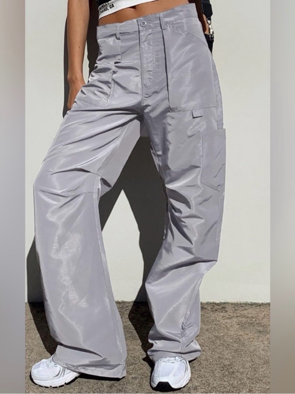 Lioness Silver Wide-Leg Cargo Track Pants